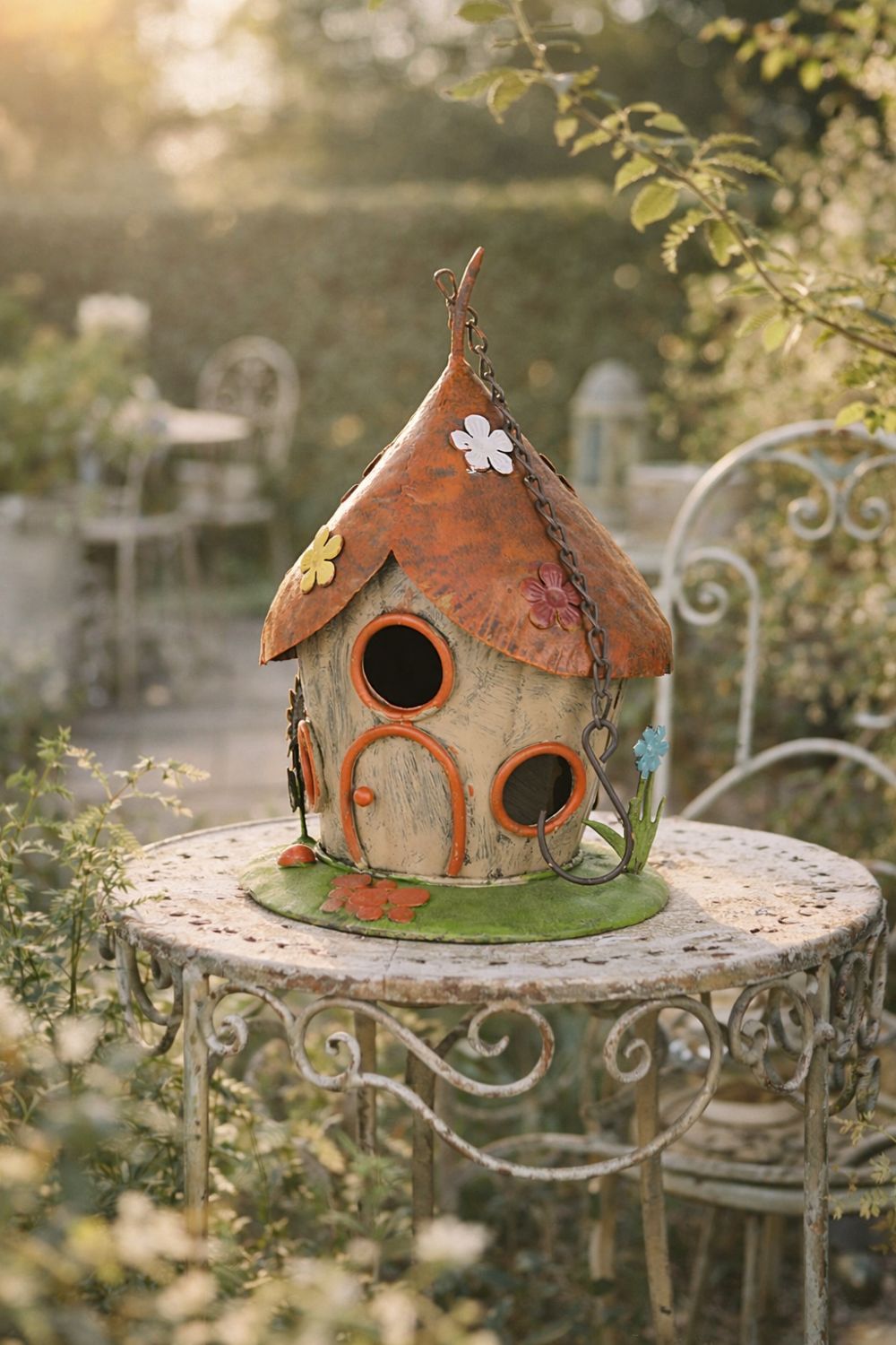 Maison à oiseaux suspendue en métal peint orange et vert, décor floral multicolore, style féérique pour déco de jardin ou balcon romantique et poétique