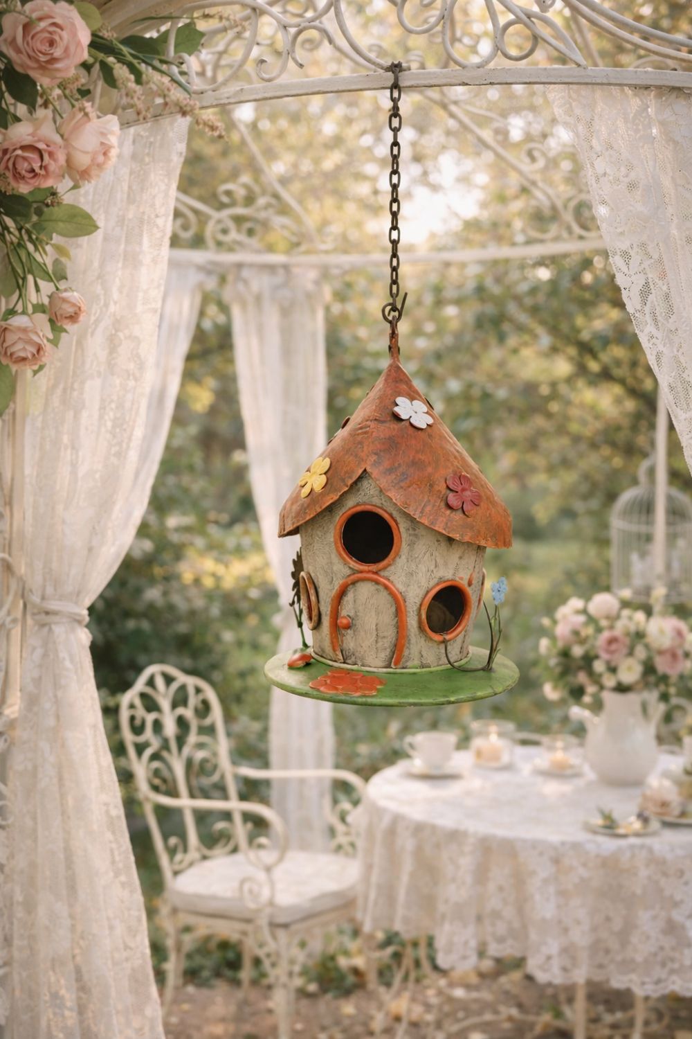 Maison à oiseaux suspendue en métal peint orange et vert, décor floral multicolore, style féérique pour déco de jardin ou balcon romantique et poétique