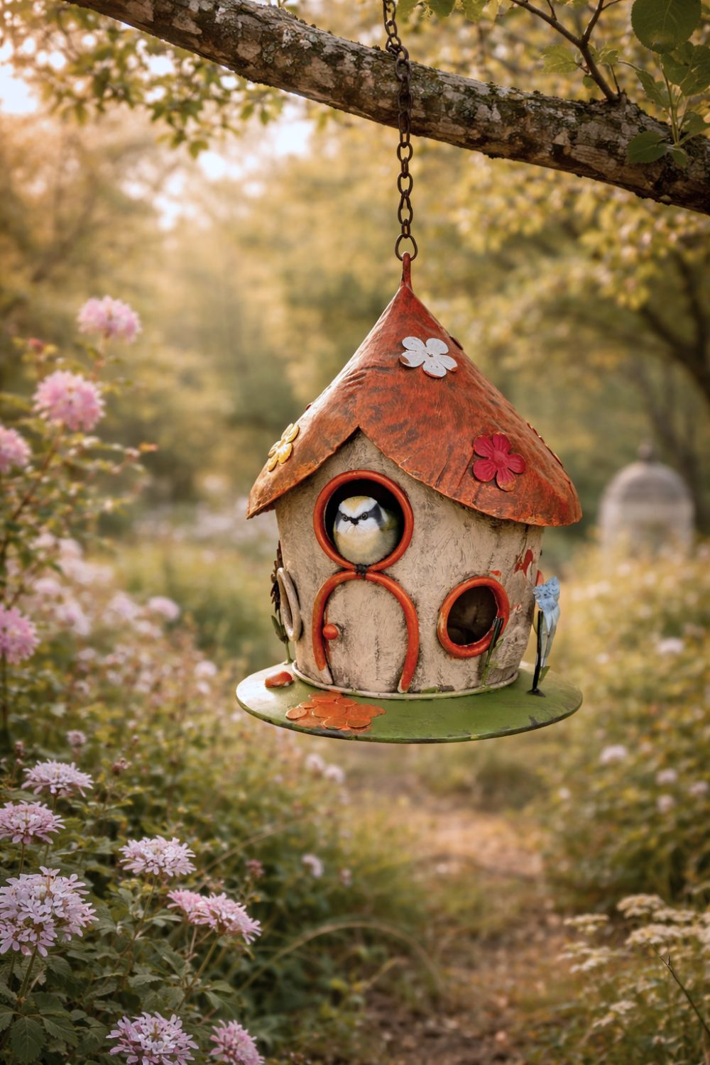 Maison à oiseaux suspendue en métal peint orange et vert, décor floral multicolore, style féérique pour déco de jardin ou balcon romantique et poétique