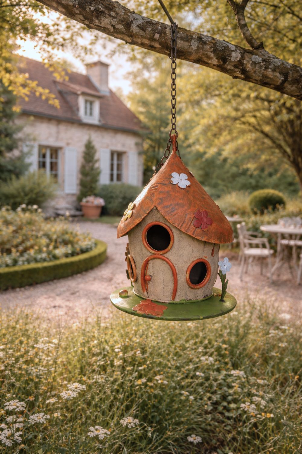 Maison à oiseaux suspendue en métal peint orange et vert, décor floral multicolore, style féérique pour déco de jardin ou balcon romantique et poétique