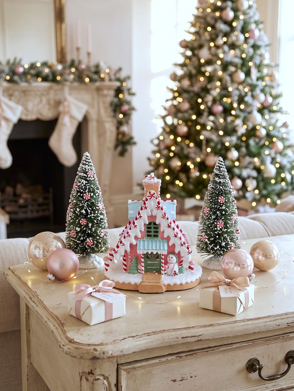 Maisonnette pain d’épice décorative de Noël rose pastel, blanche et bleu ciel, avec décor enneigé et bonhomme de neige, pour ambiance de Noël féérique