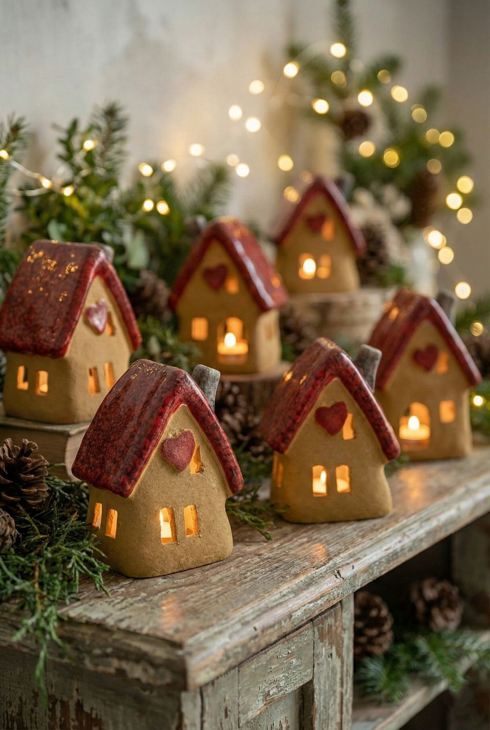Photophore maisonnette en terre cuite beige et rouge avec cœur découpé, décoration romantique et féérique, lumière chaleureuse pour intérieur de charme