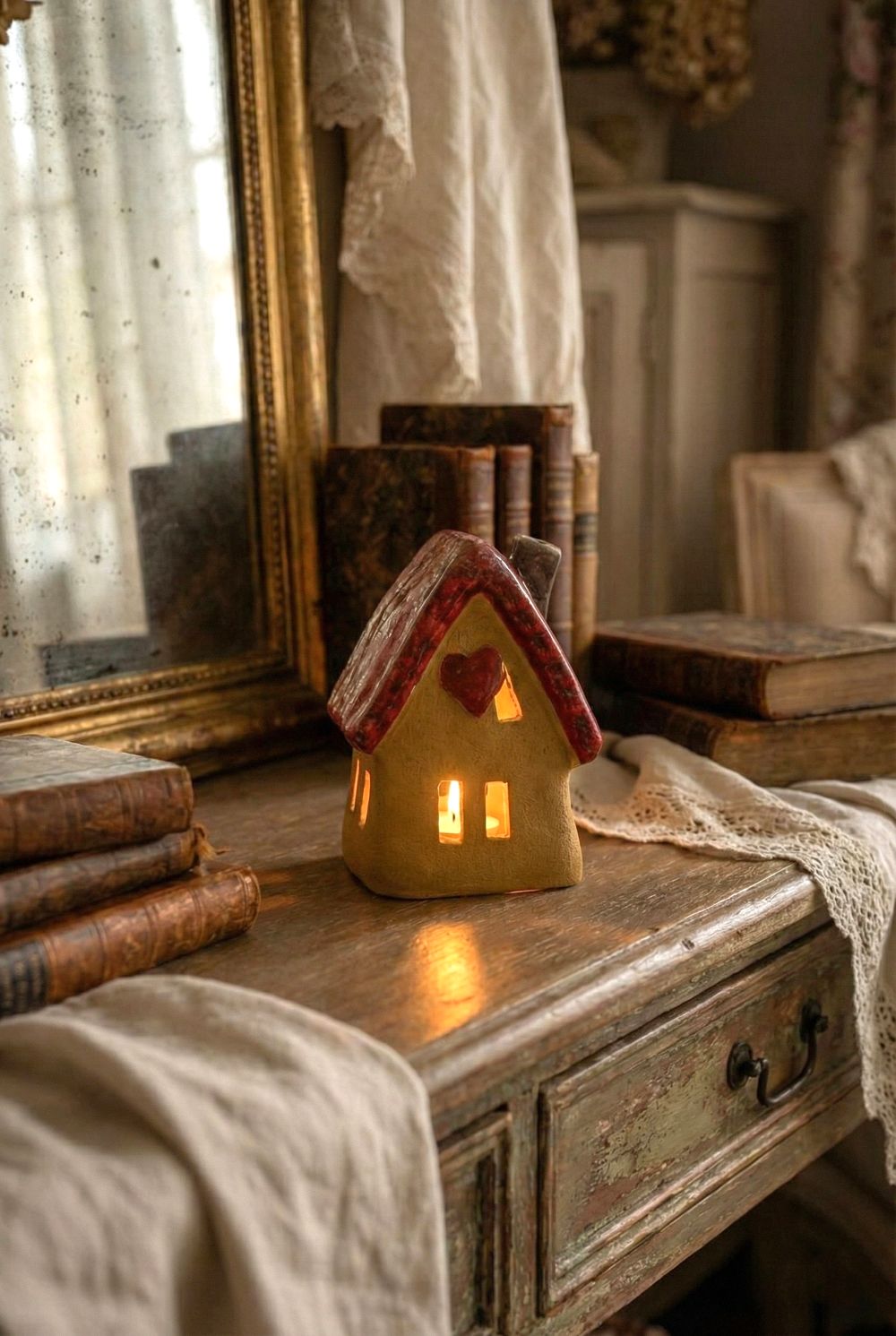 Photophore maisonnette en terre cuite beige et rouge avec cœur découpé, décoration romantique et féérique, lumière chaleureuse pour intérieur de charme