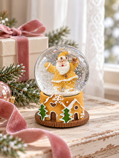 Mini boule à neige Père Noël Pain d’Épices sur une console blanche patinée, près d’un cadeau au ruban rose et de branches de sapin.