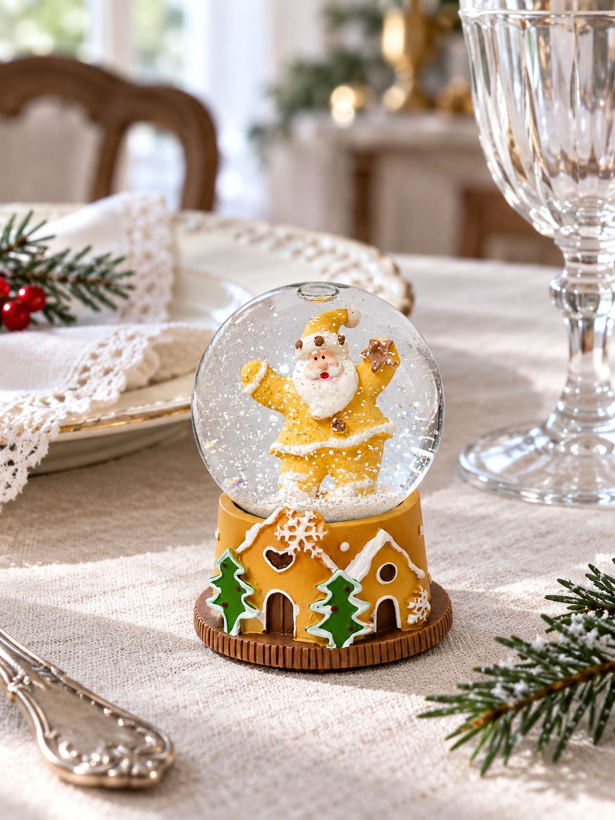 Mini boule à neige Père Noël Pain d’Épices sur une table de Noël en lin clair, avec vaisselle ancienne et serviette en dentelle.