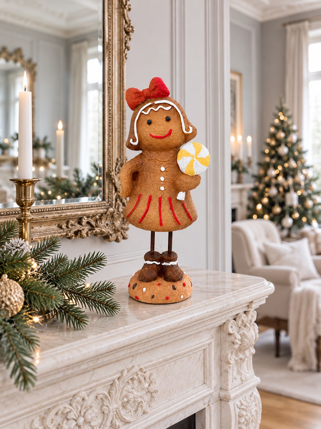 Figurine Mme Gingerman sur une cheminée ancienne dans un salon lumineux décoré pour Noël.