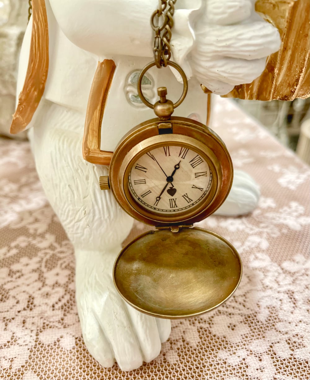 Montre de gousset vintage inspirée d'Alice au Pays des Merveilles avec chaîne bronze, accessoire féérique et romantique pour décoration de charme ou collection