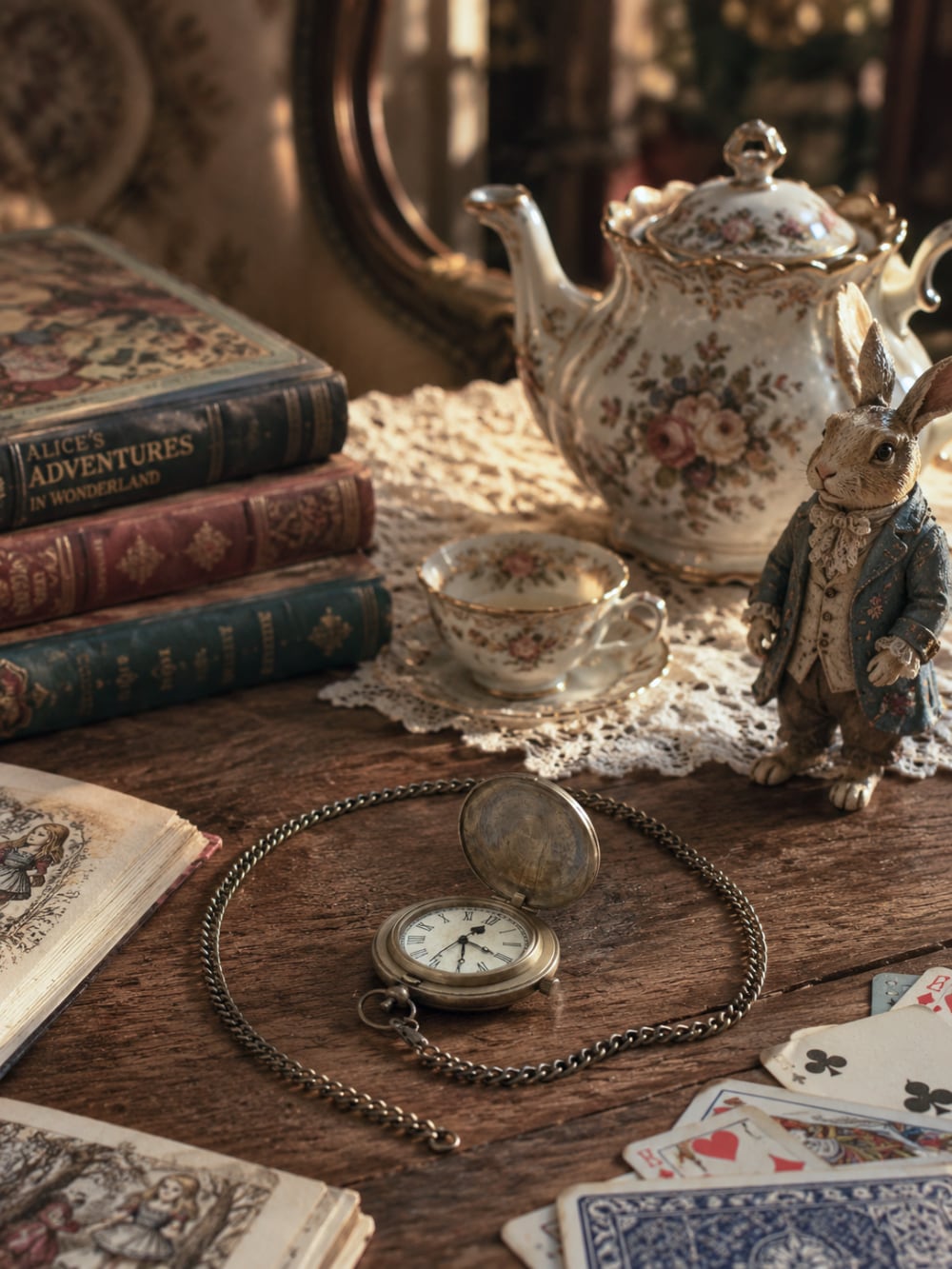 Montre de gousset vintage inspirée d'Alice au Pays des Merveilles avec chaîne bronze, accessoire féérique et romantique pour décoration de charme ou collection