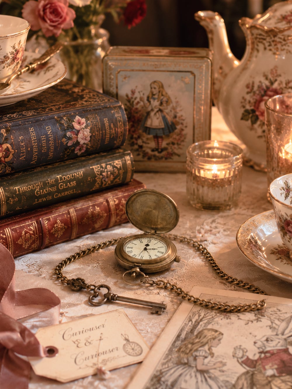 Montre de gousset vintage inspirée d'Alice au Pays des Merveilles avec chaîne bronze, accessoire féérique et romantique pour décoration de charme ou collection