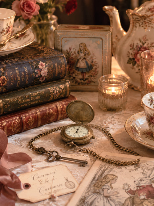 Montre de gousset vintage inspirée d'Alice au Pays des Merveilles avec chaîne bronze, accessoire féérique et romantique pour décoration de charme ou collection