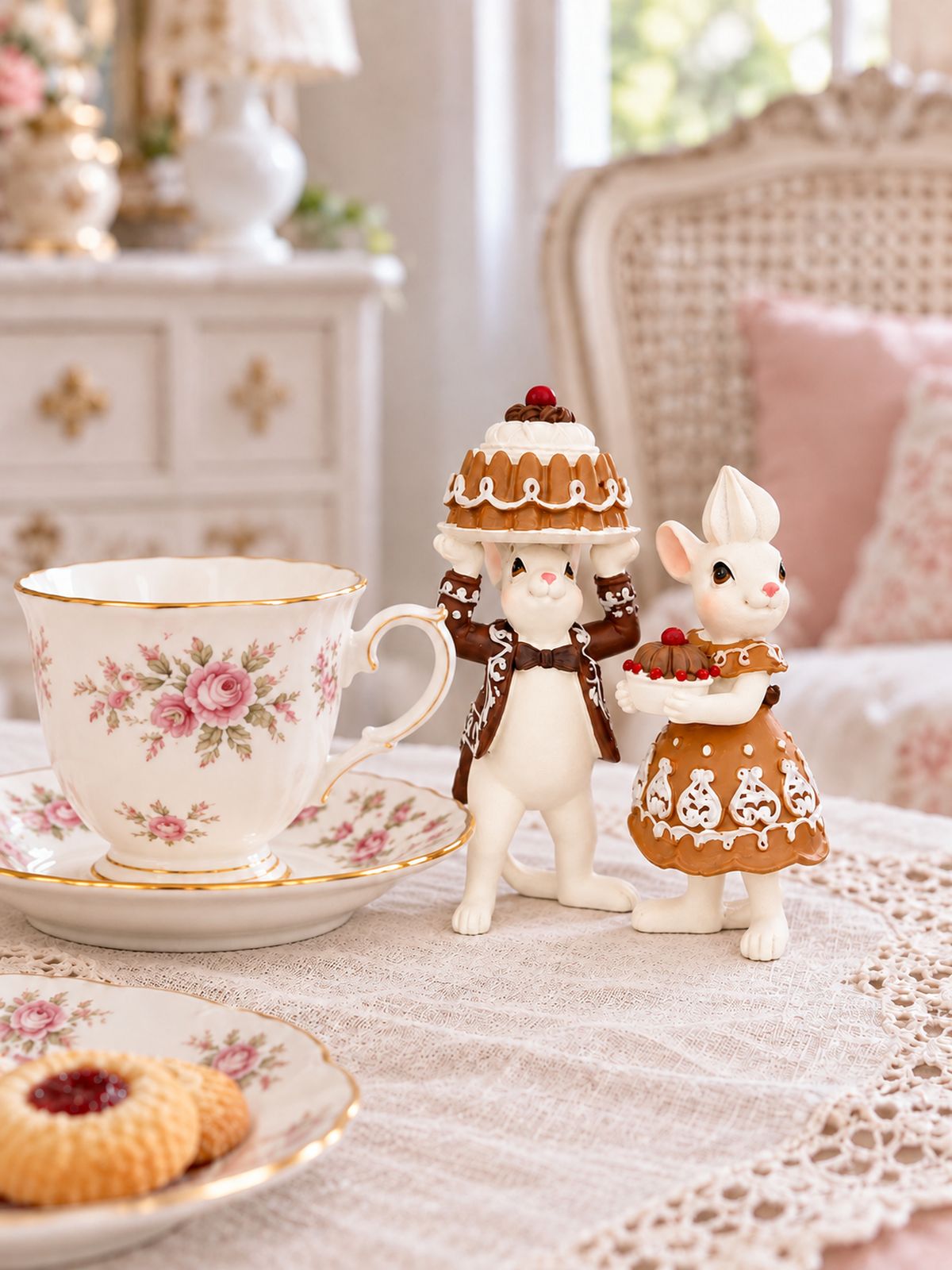 Figurines Mr et Mme Pâtissouries sur une table de goûter, près d’une tasse fleurie et de biscuits.