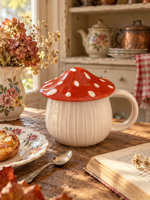 Mug en forme de champignon aux tons crème, rouge orangé et blanc avec couvercle, style cottage et décoration automnale pour cuisine de charme
