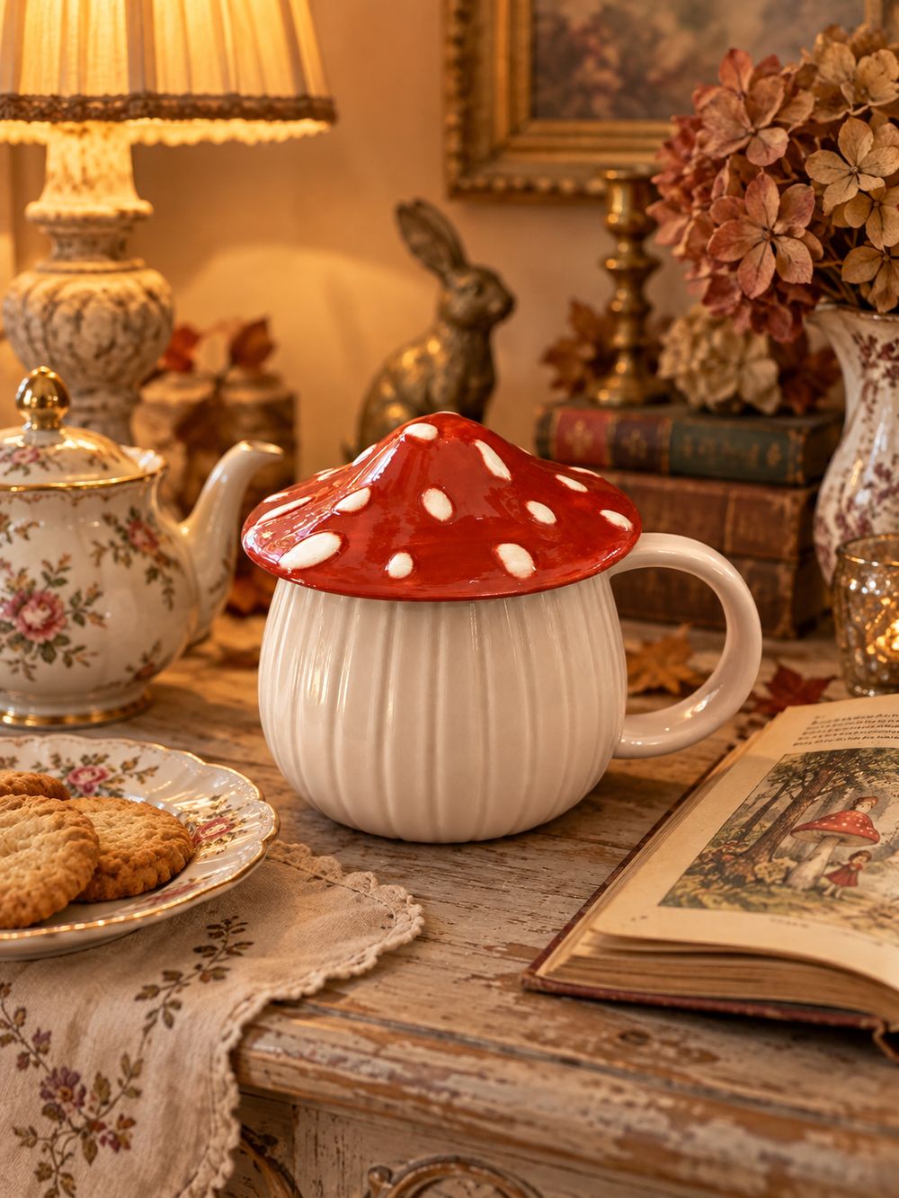 Mug en forme de champignon aux tons crème, rouge orangé et blanc avec couvercle, style cottage et décoration automnale pour cuisine de charme
