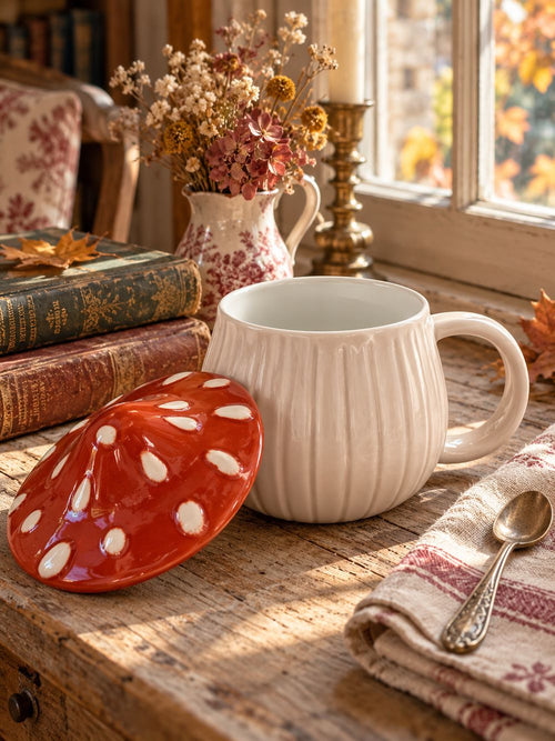 Mug en forme de champignon aux tons crème, rouge orangé et blanc avec couvercle, style cottage et décoration automnale pour cuisine de charme