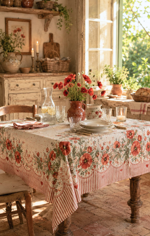 Nappe en coton décorée de grands coquelicots rouges et feuillages délicats, style campagne chic et décoration romantique pour une table chaleureuse