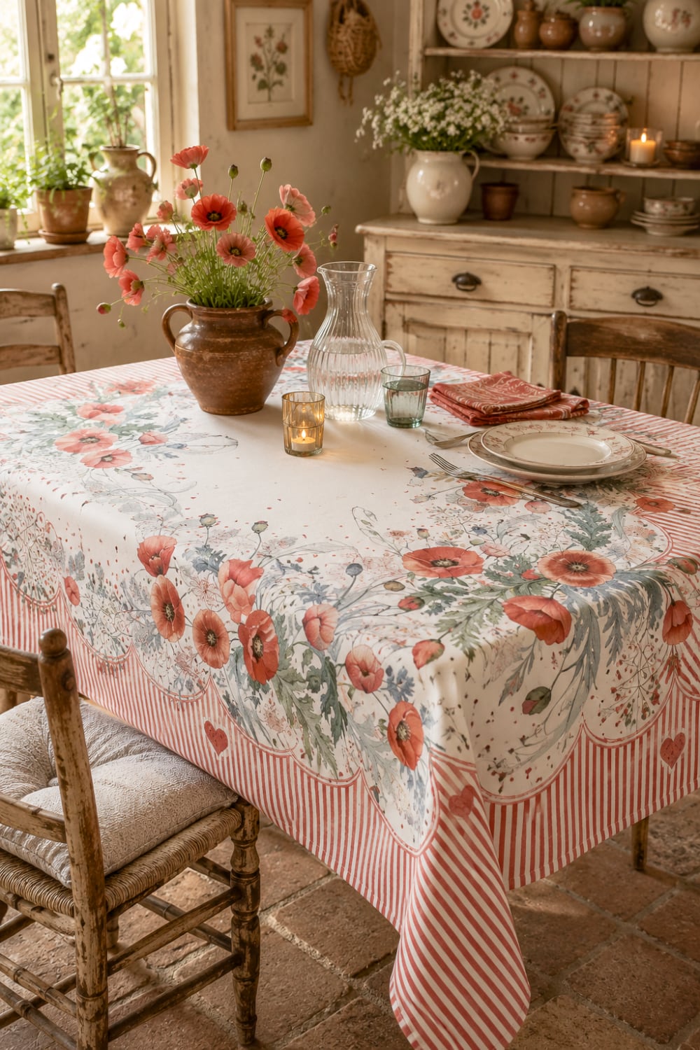 Nappe en coton décorée de grands coquelicots rouges et feuillages délicats, style campagne chic et décoration romantique pour une table chaleureuse
