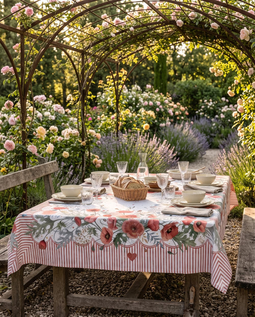 Nappe en coton décorée de grands coquelicots rouges et feuillages délicats, style campagne chic et décoration romantique pour une table chaleureuse