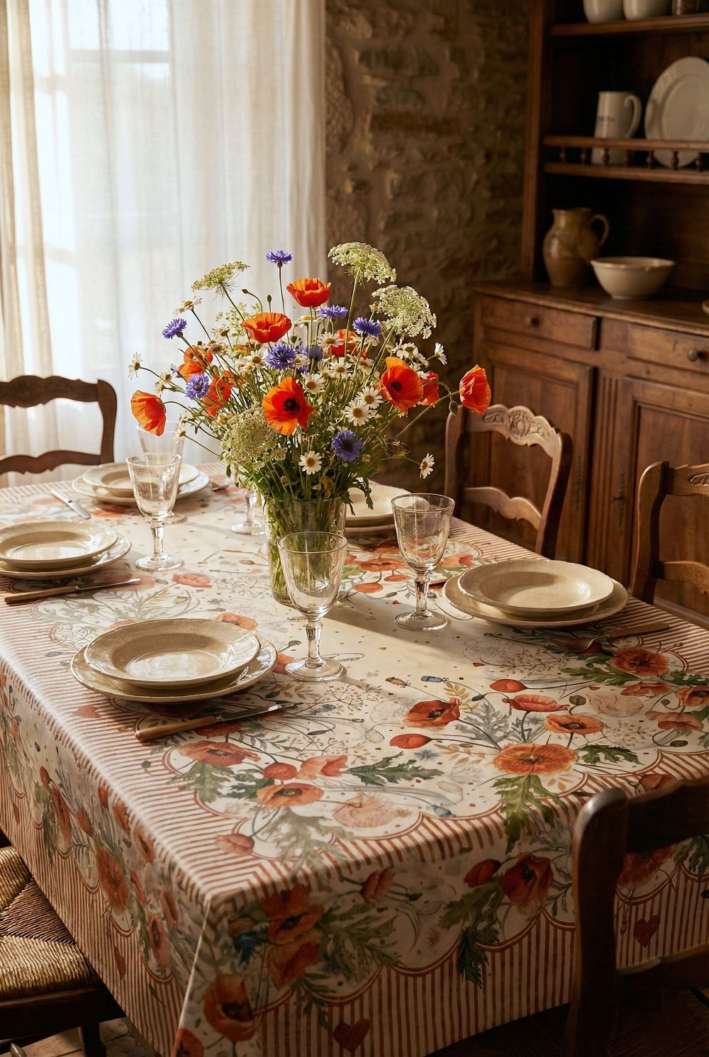 Nappe enduite Blanc Mariclò à motifs coquelicots rouges et verts sur fond écru, textile de table romantique au style shabby chic et campagne.