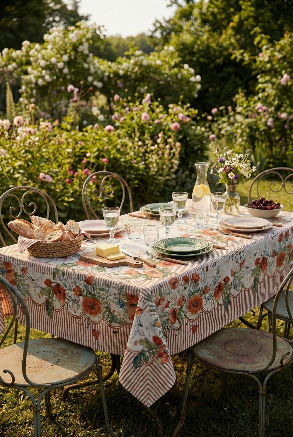 Nappe enduite Blanc Mariclò à motifs coquelicots rouges et verts sur fond écru, textile de table romantique au style shabby chic et campagne.