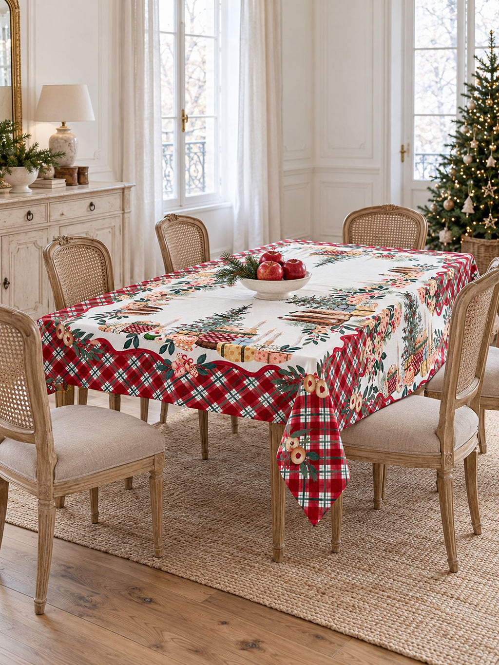 Vue d’ensemble de la nappe Gourmandises de Noël sur une table entourée de chaises cannées, dans une salle à manger lumineuse avec un sapin.
