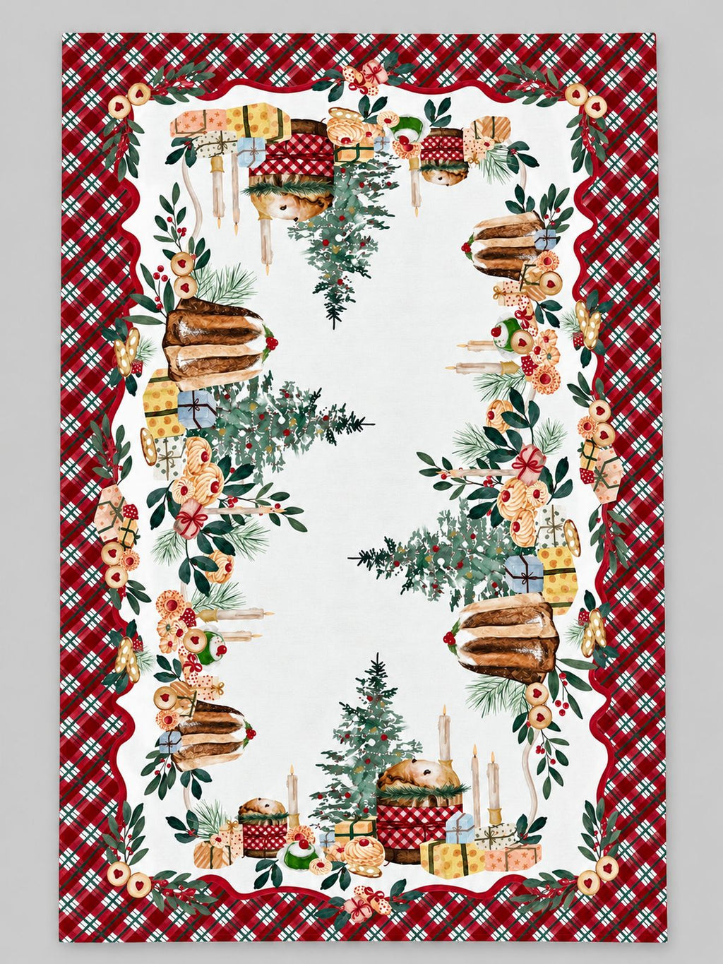 Nappe Gourmandises de Noël déployée sur fond gris clair, avec motifs de pâtisseries, sapins et cadeaux et bordure écossaise rouge et verte.