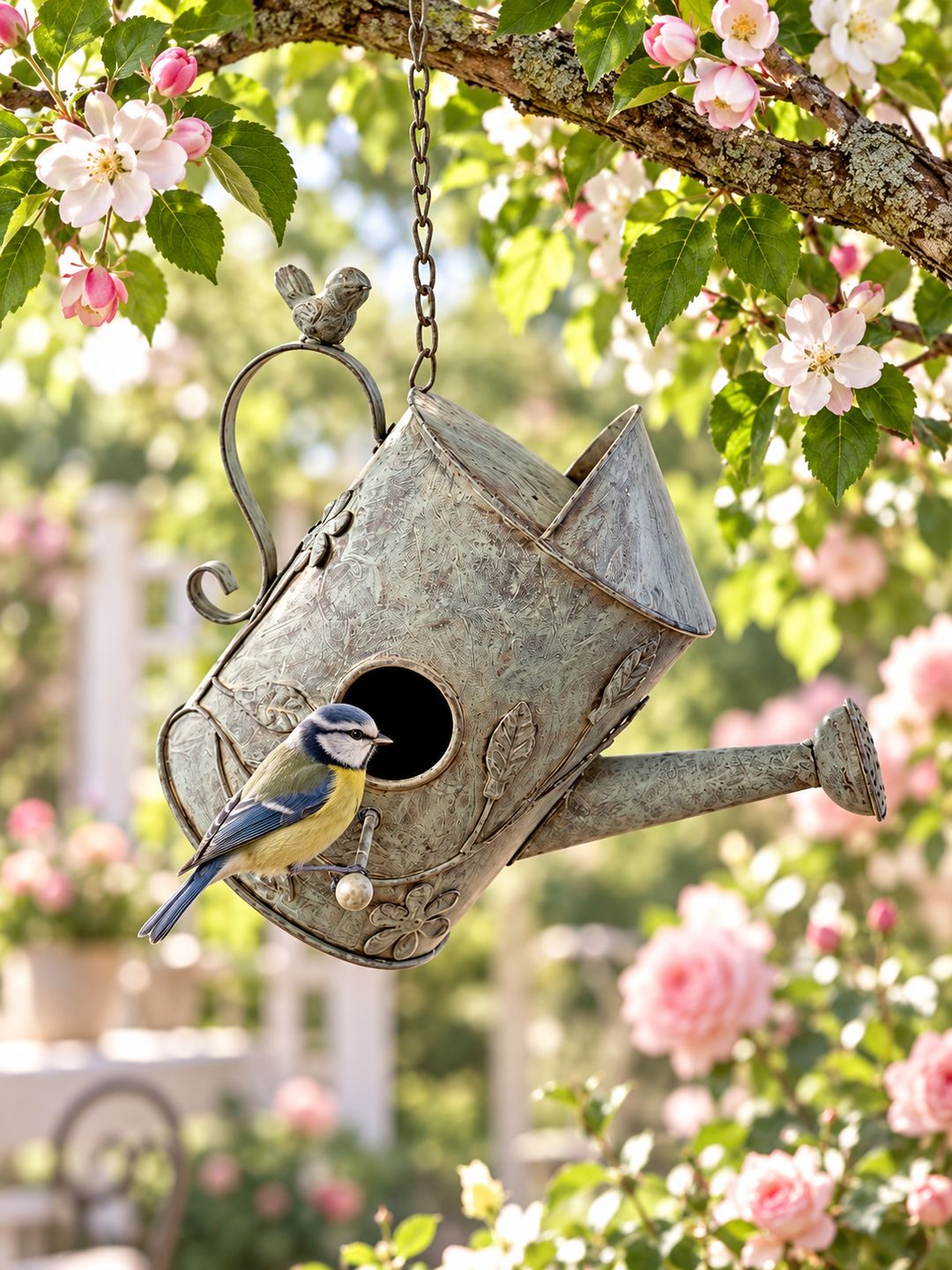 Nichoir arrosoir en métal vert antique suspendu dans un jardin fleuri, avec une mésange bleue posée sur son perchoir.
