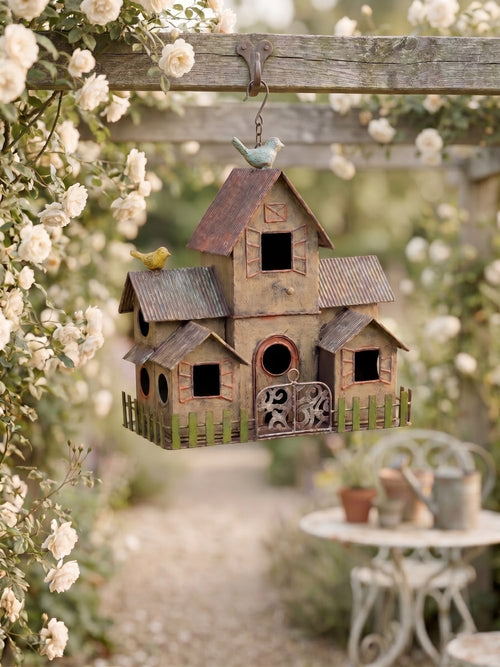 Nichoir suspendu vintage en métal patiné pour décoration romantique de jardin style campagne chic
