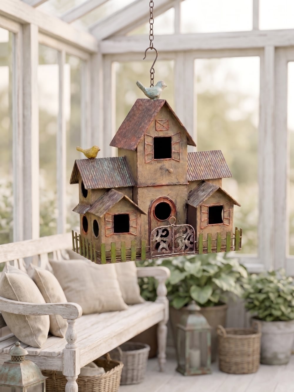 Nichoir suspendu vintage en métal patiné pour décoration romantique de jardin style campagne chic