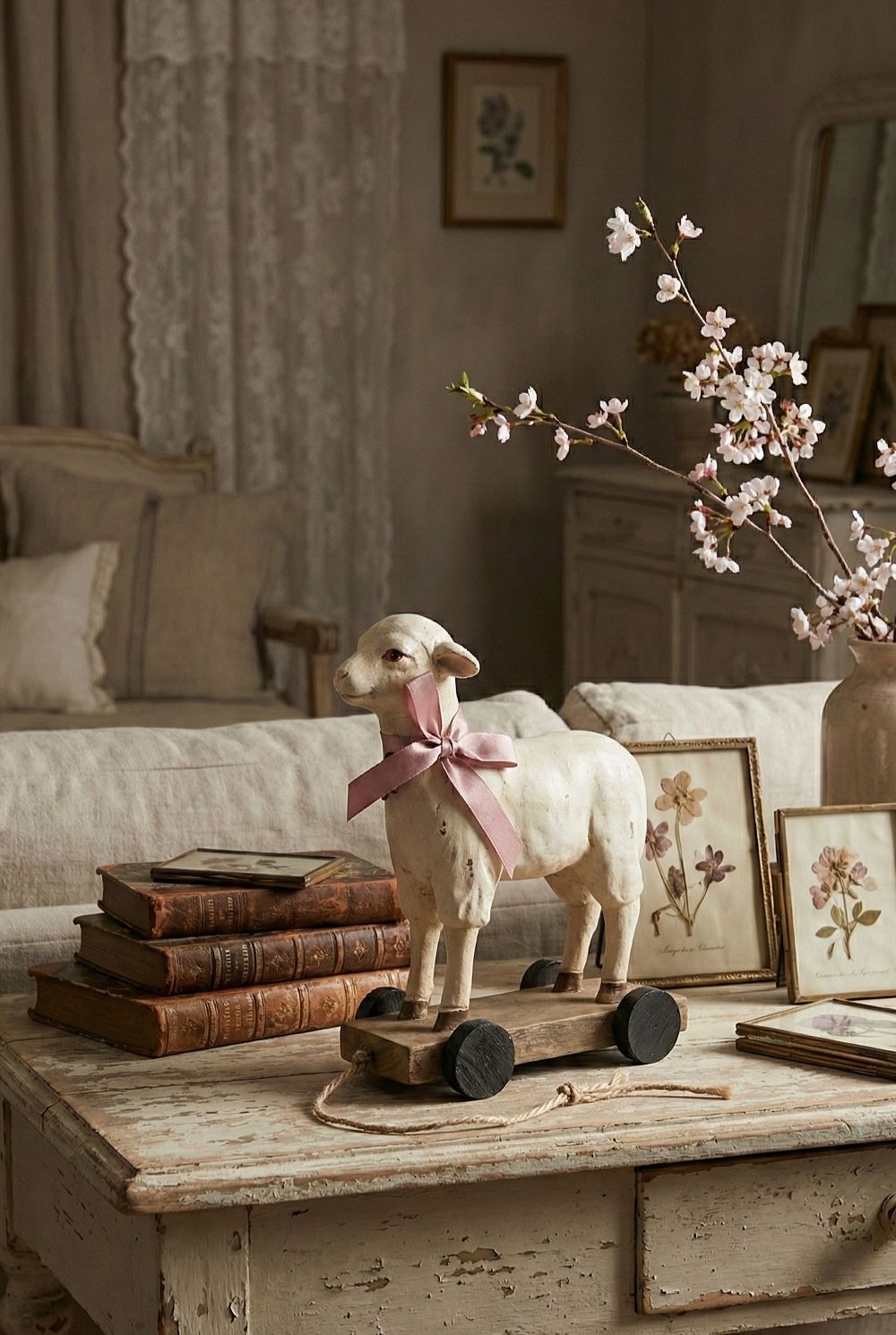 Objet décoratif ancien mouton blanc patiné avec ruban rose, monté sur roulettes, style shabby chic romantique et ambiance poétique