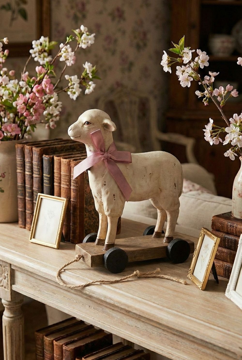 Objet décoratif ancien mouton blanc patiné avec ruban rose, monté sur roulettes, style shabby chic romantique et ambiance poétique