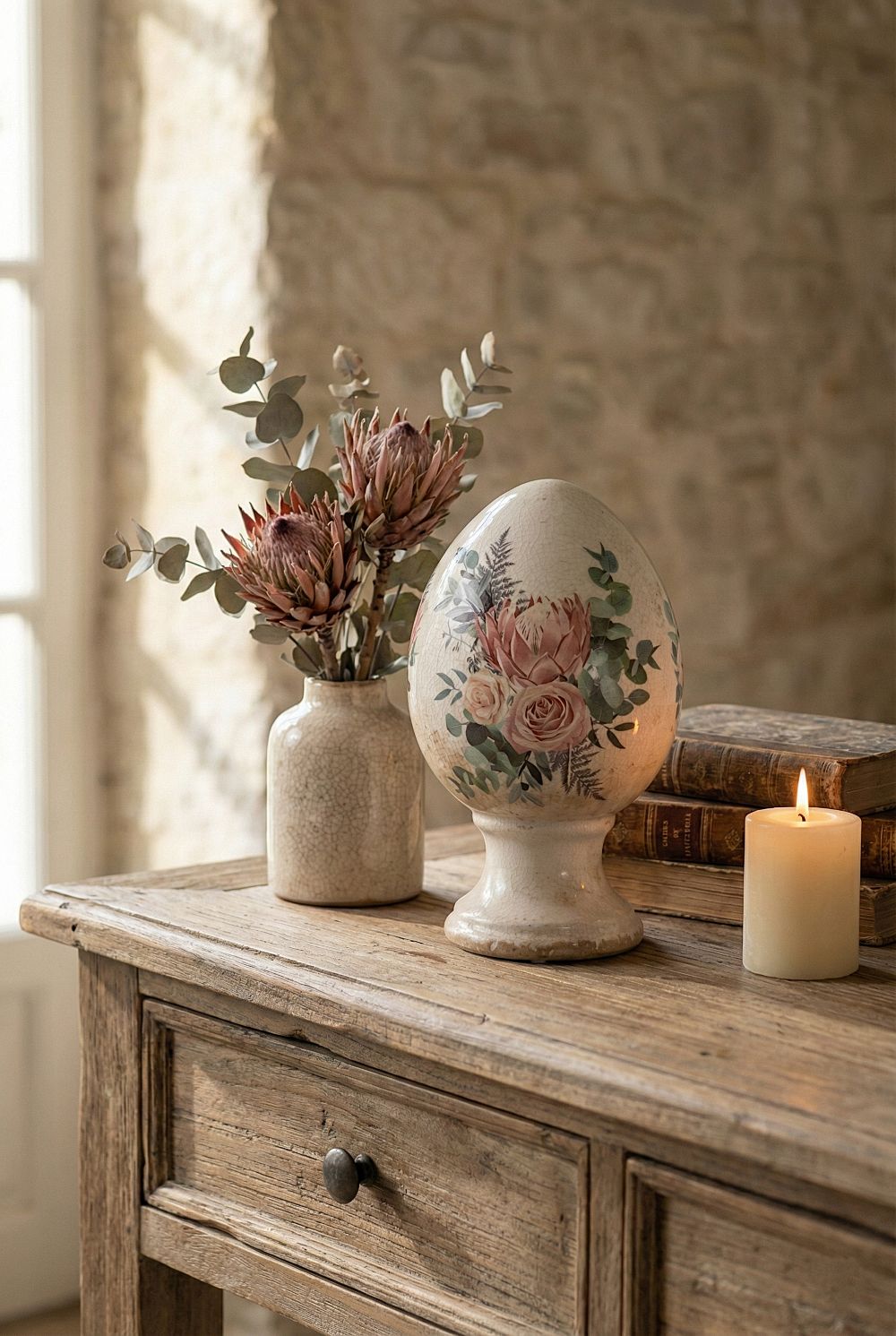 Œuf décoratif aux roses sur pied en terre cuite, blanc patiné avec fleurs roses et feuillage vert, style shabby chic et décoration romantique printanière