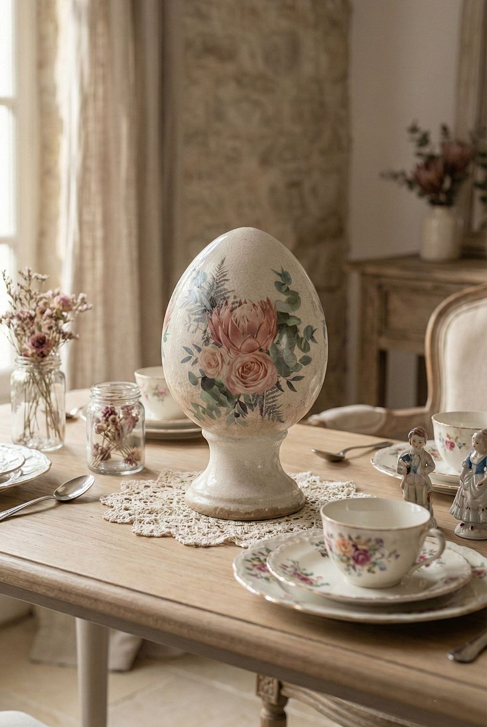 Œuf décoratif aux roses sur pied en terre cuite, blanc patiné avec fleurs roses et feuillage vert, style shabby chic et décoration romantique printanière