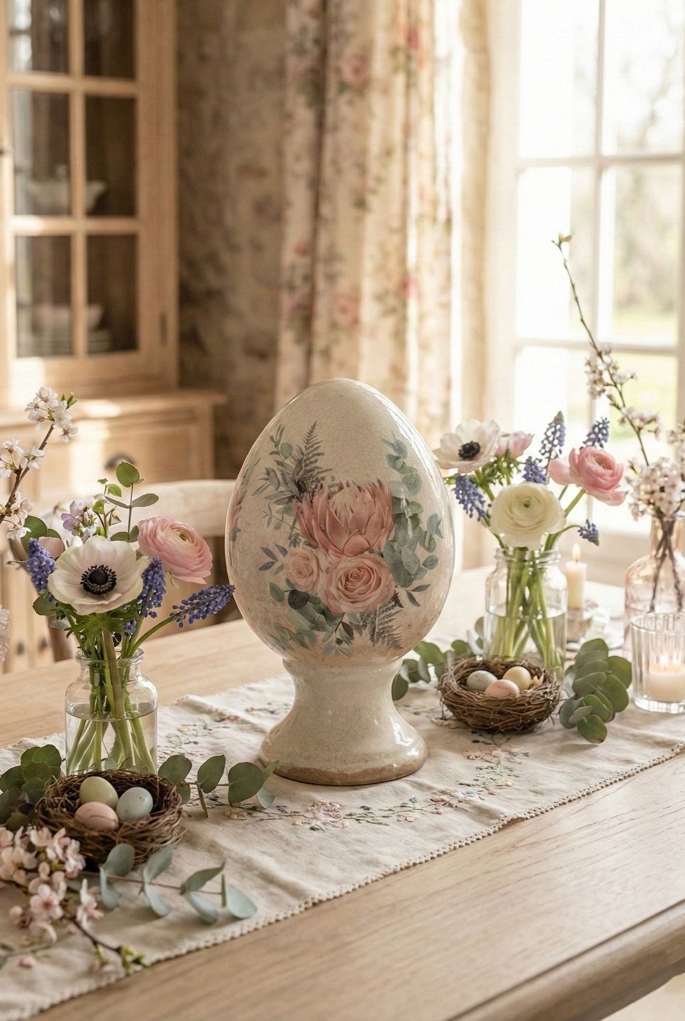 Œuf décoratif aux roses sur pied en terre cuite, blanc patiné avec fleurs roses et feuillage vert, style shabby chic et décoration romantique printanière