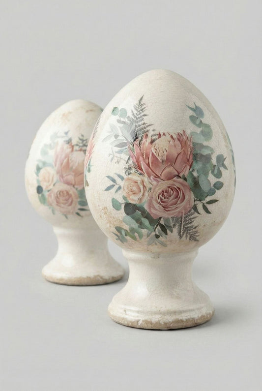 Œuf décoratif aux roses sur pied en terre cuite, blanc patiné avec fleurs roses et feuillage vert, style shabby chic et décoration romantique printanière