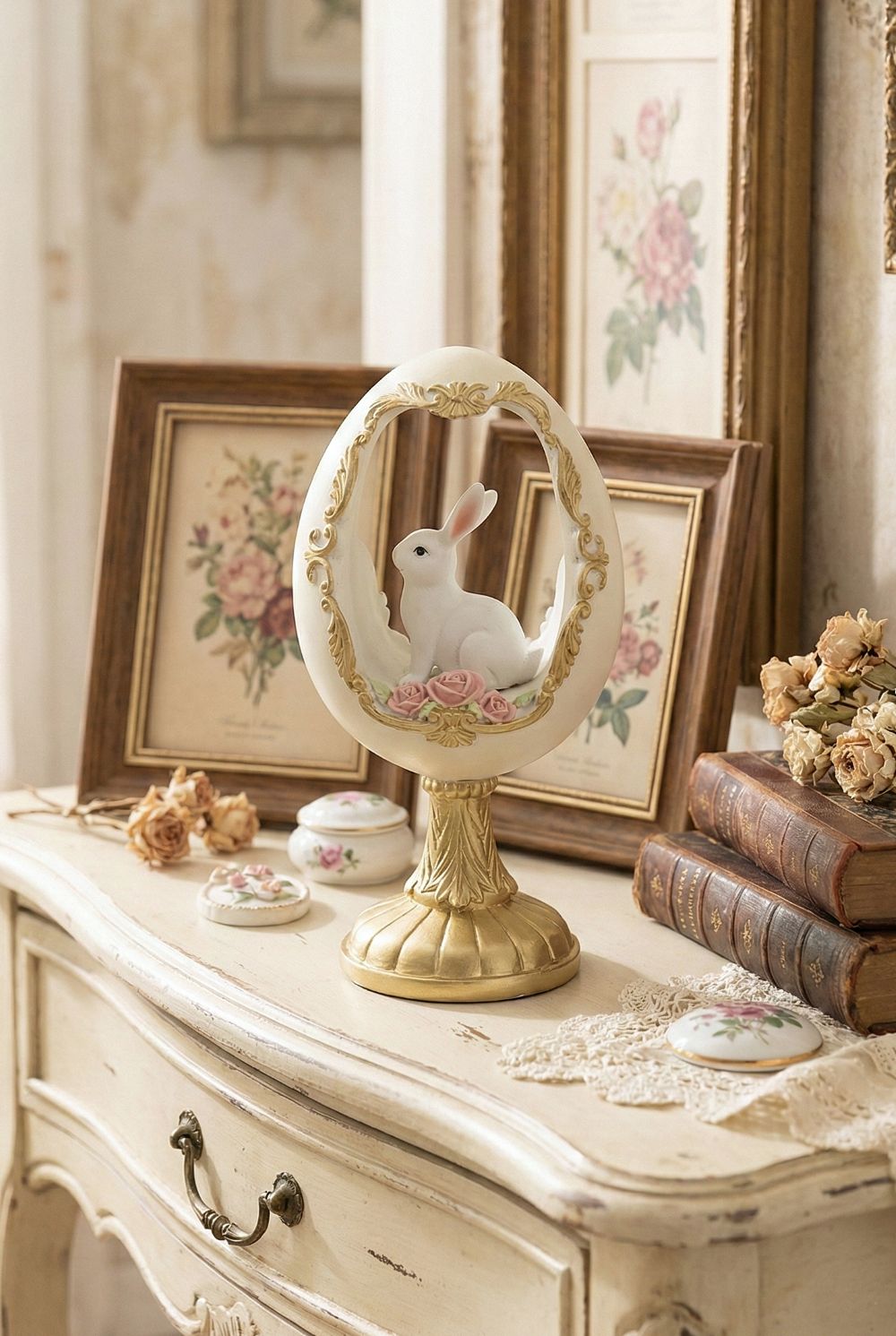 Œuf décoratif avec lapin blanc, roses roses et détails dorés, figurine romantique style shabby chic pour décoration poétique et féérique de Pâques