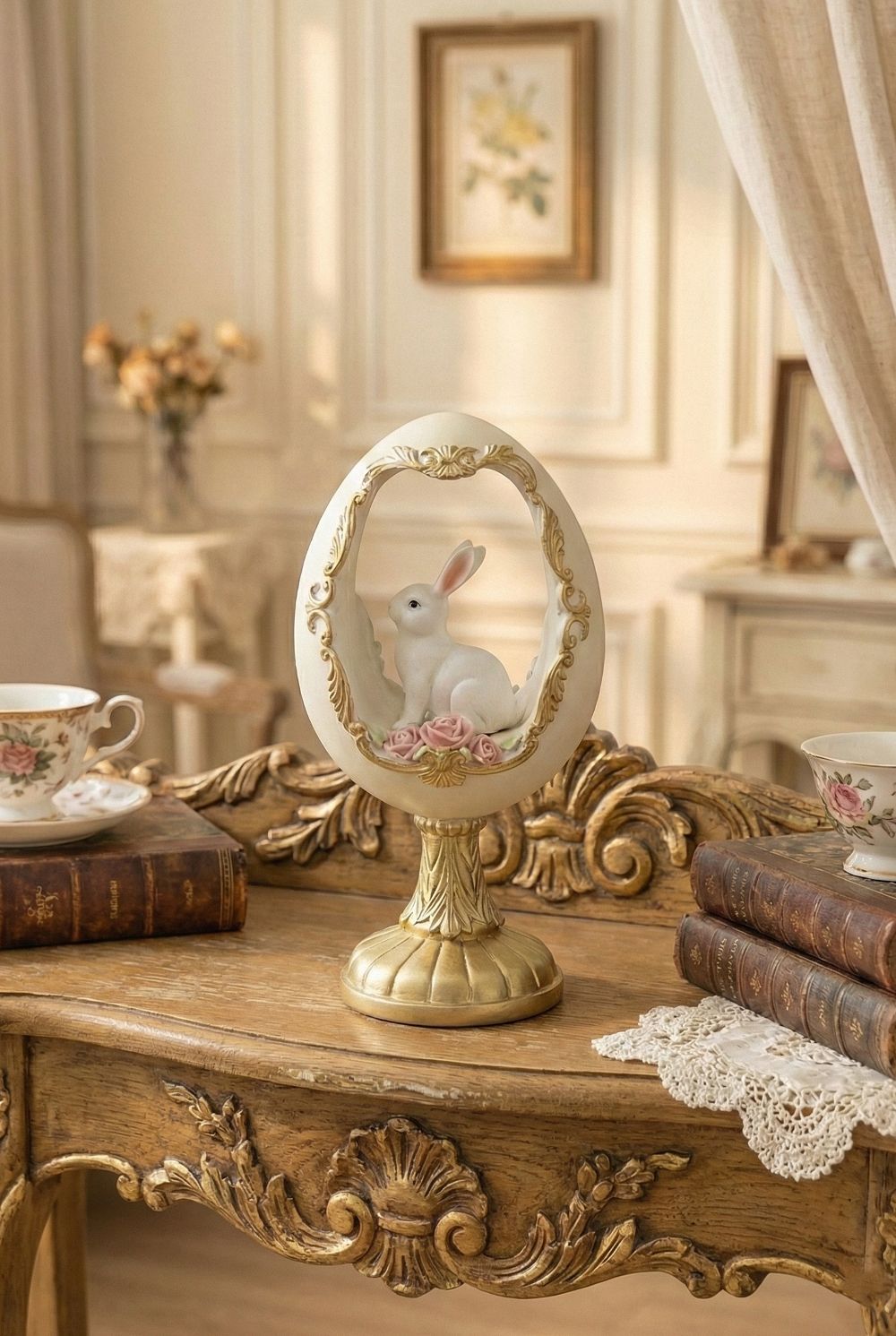 Œuf décoratif avec lapin blanc, roses roses et détails dorés, figurine romantique style shabby chic pour décoration poétique et féérique de Pâques