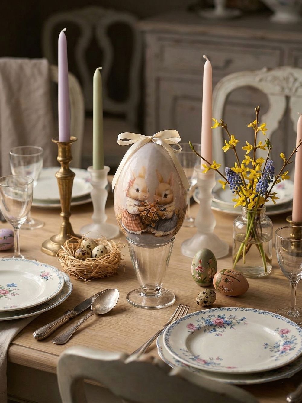 Œuf décoratif romantique Blanc Mariclò avec illustration de lapins tenant des fleurs, tons blanc beige et rose poudré, ambiance shabby chic et décoration de charme printanière