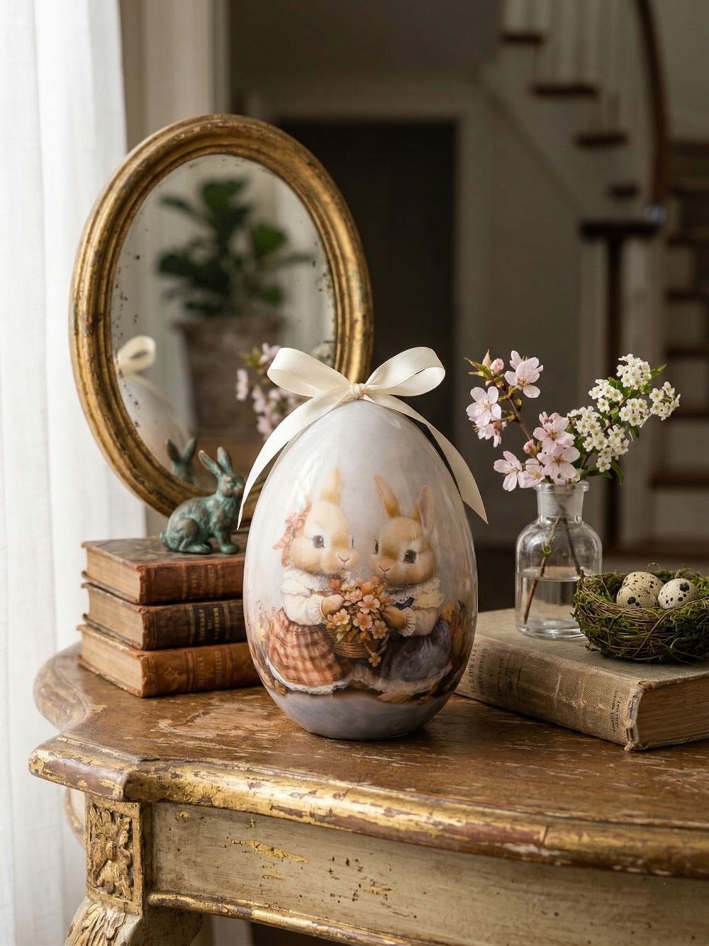 Œuf décoratif romantique Blanc Mariclò avec illustration de lapins tenant des fleurs, tons blanc beige et rose poudré, ambiance shabby chic et décoration de charme printanière