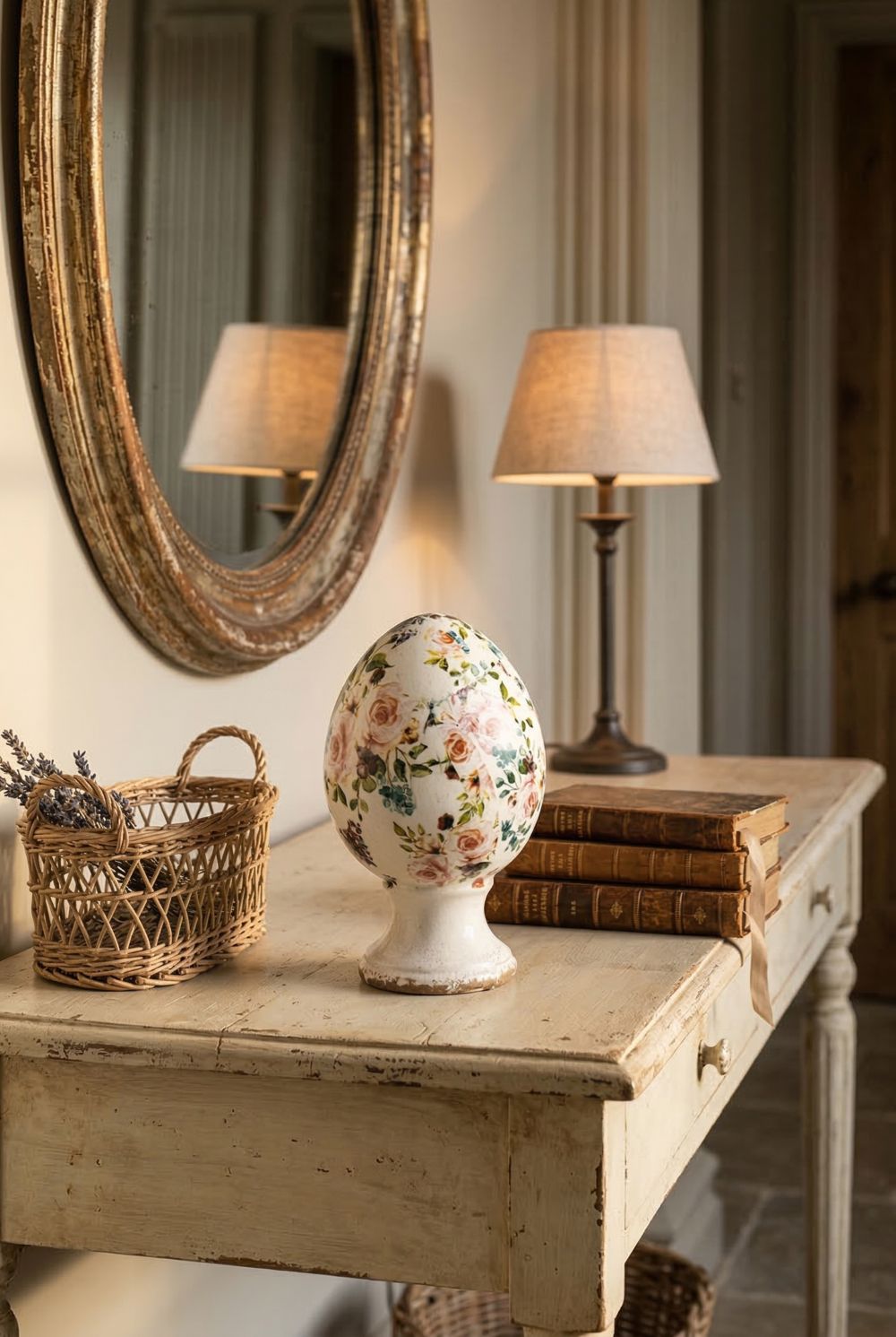 Œuf décoratif fleuri style Liberty avec roses et feuillages dans des tons rose et vert sur fond ivoire, posé sur un socle patiné, décoration romantique shabby chic pour intérieur de charme.