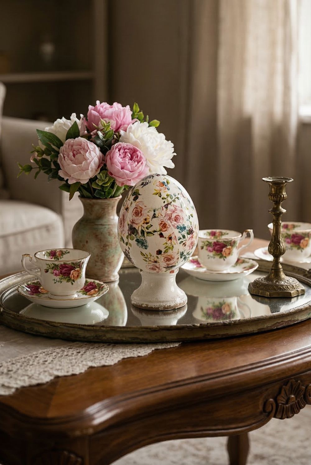 Œuf décoratif fleuri style Liberty avec roses et feuillages dans des tons rose et vert sur fond ivoire, posé sur un socle patiné, décoration romantique shabby chic pour intérieur de charme.