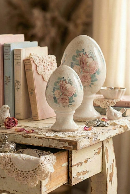 Œuf décoratif aux roses sur pied petit modèle 14 cm, décoration shabby chic romantique aux tons blancs et roses, ambiance poétique et de charme