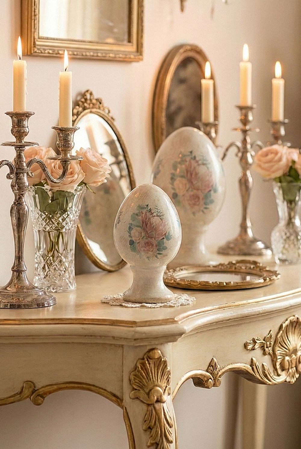Œuf décoratif aux roses sur pied petit modèle 14 cm, décoration shabby chic romantique aux tons blancs et roses, ambiance poétique et de charme