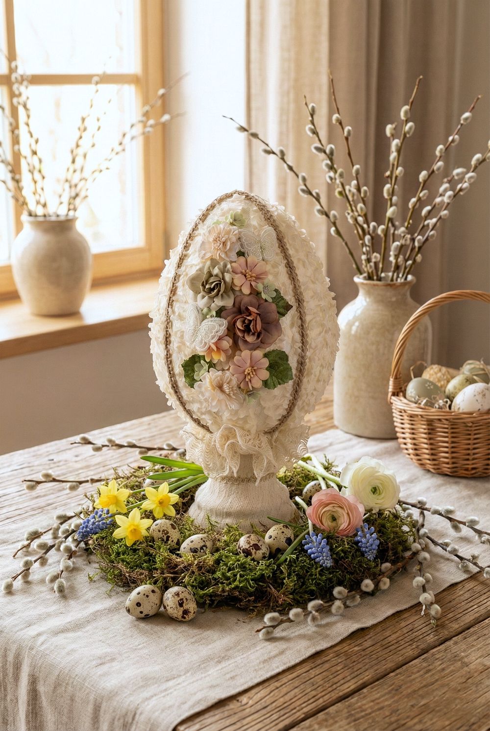 Œuf décoratif en style shabby chic orné de fleurs en tissu et de papillons, dans les tons ivoire, vieux rose et vert sauge, pour une ambiance romantique et poétique.