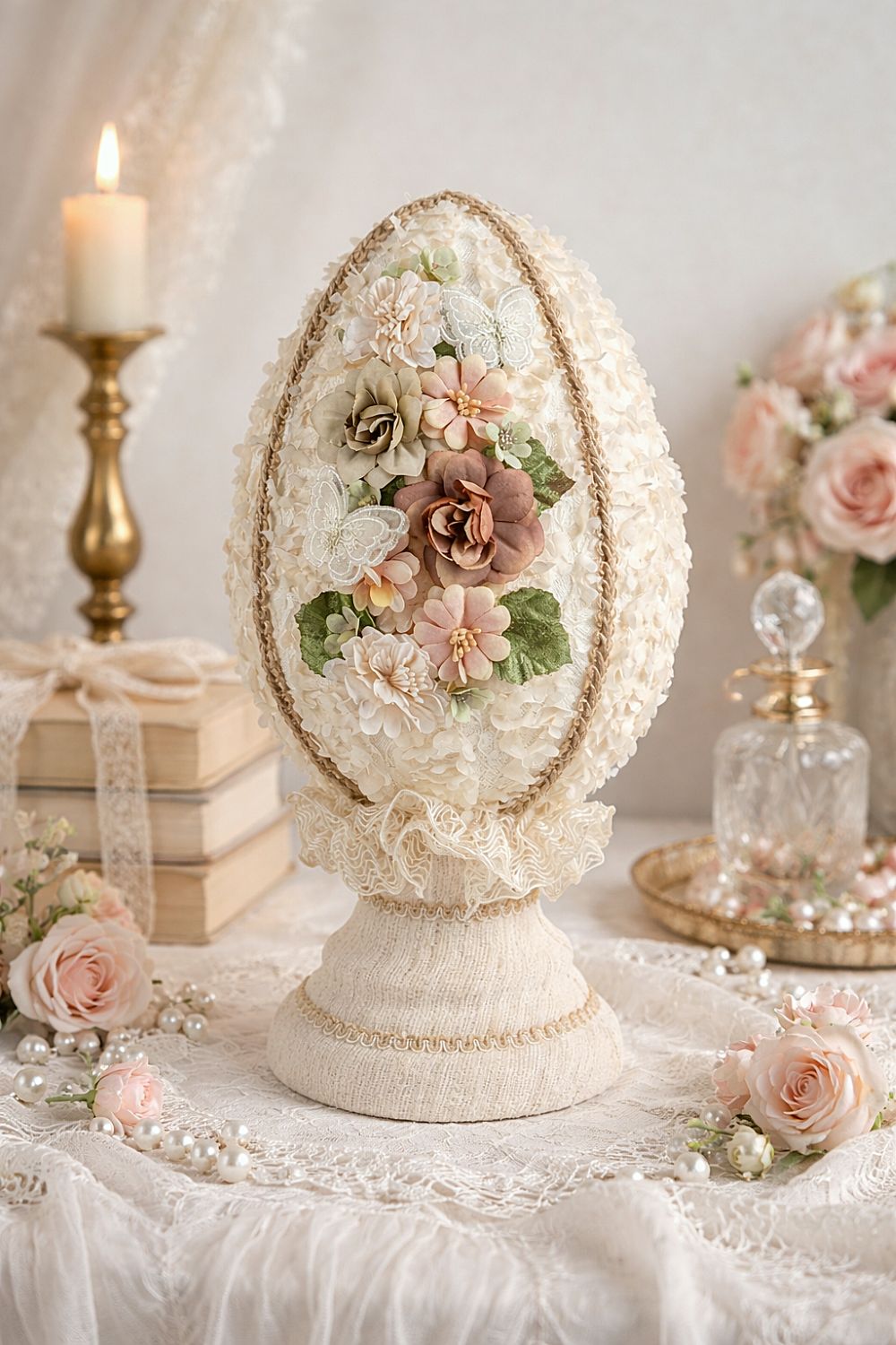 Œuf décoratif en style shabby chic orné de fleurs en tissu et de papillons, dans les tons ivoire, vieux rose et vert sauge, pour une ambiance romantique et poétique.