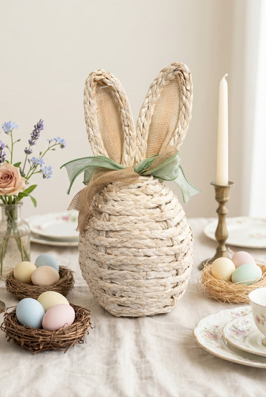 Œuf décoratif lapin en osier blanc avec oreilles tissu style shabby chic romantique décoration de Pâques ambiance charme campagne