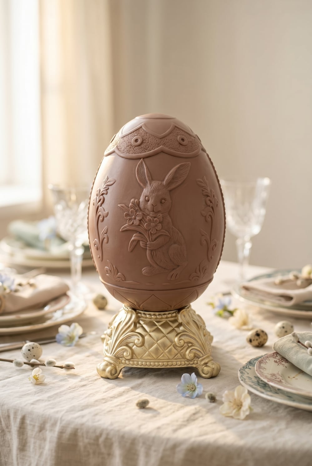 Œuf de Pâques décoratif sur piédestal doré, coloris brun et beige, avec relief de lapin fleuri, idéal pour une décoration de charme romantique et printanière sur une table, un buffet ou une console