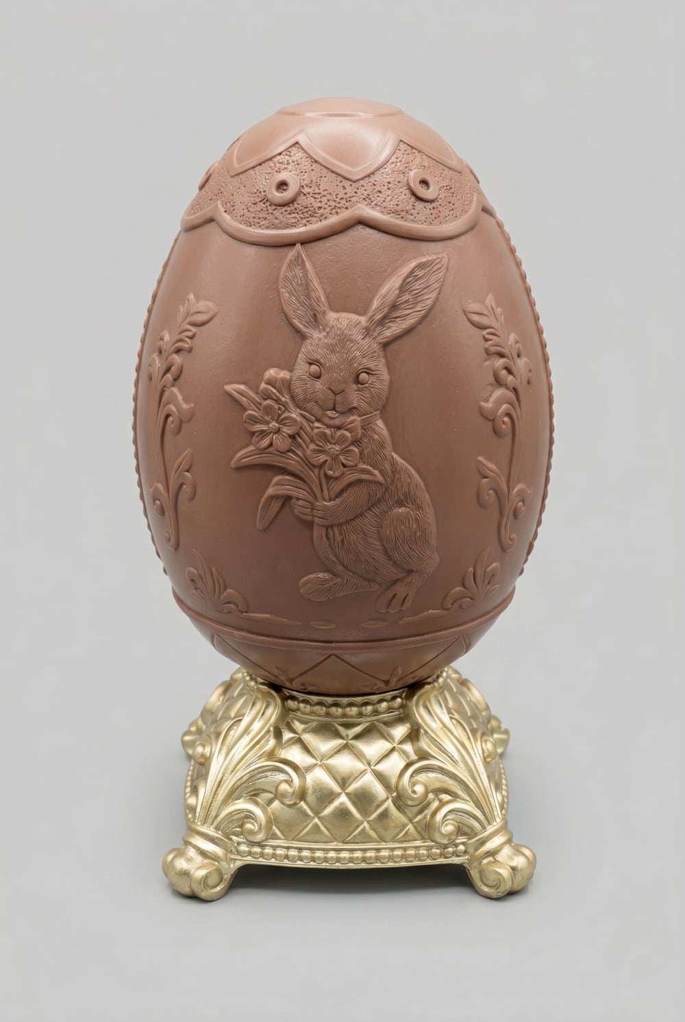 Œuf de Pâques décoratif sur piédestal doré, coloris brun et beige, avec relief de lapin fleuri, idéal pour une décoration de charme romantique et printanière sur une table, un buffet ou une console
