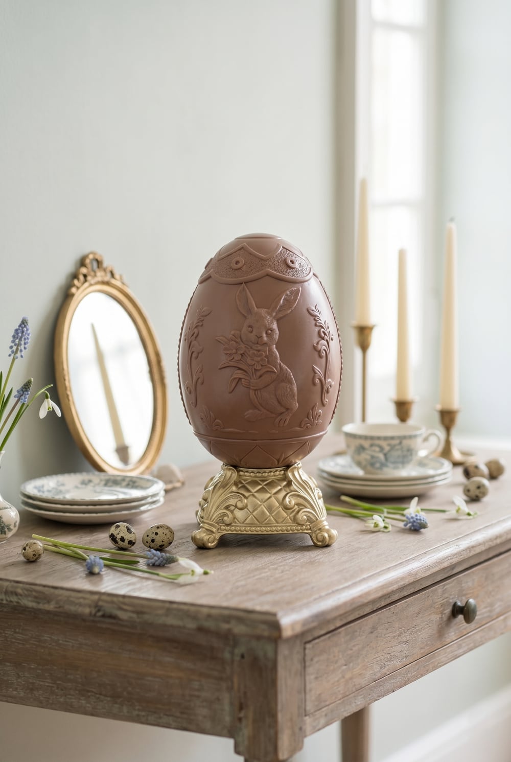 Œuf de Pâques décoratif sur piédestal doré, coloris brun et beige, avec relief de lapin fleuri, idéal pour une décoration de charme romantique et printanière sur une table, un buffet ou une console
