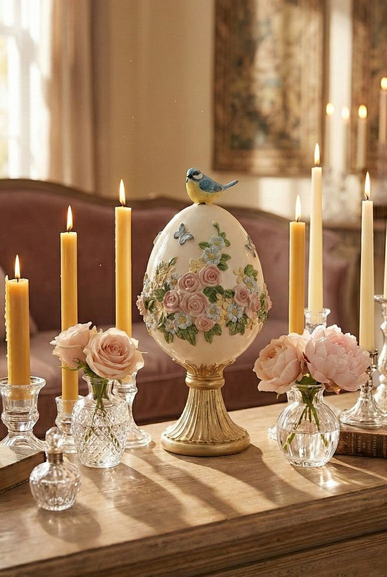 Œuf décoratif romantique blanc crème avec fleurs roses et bleues en relief, oiseau bleu sur le dessus et pied doré, décoration shabby chic et poétique.
