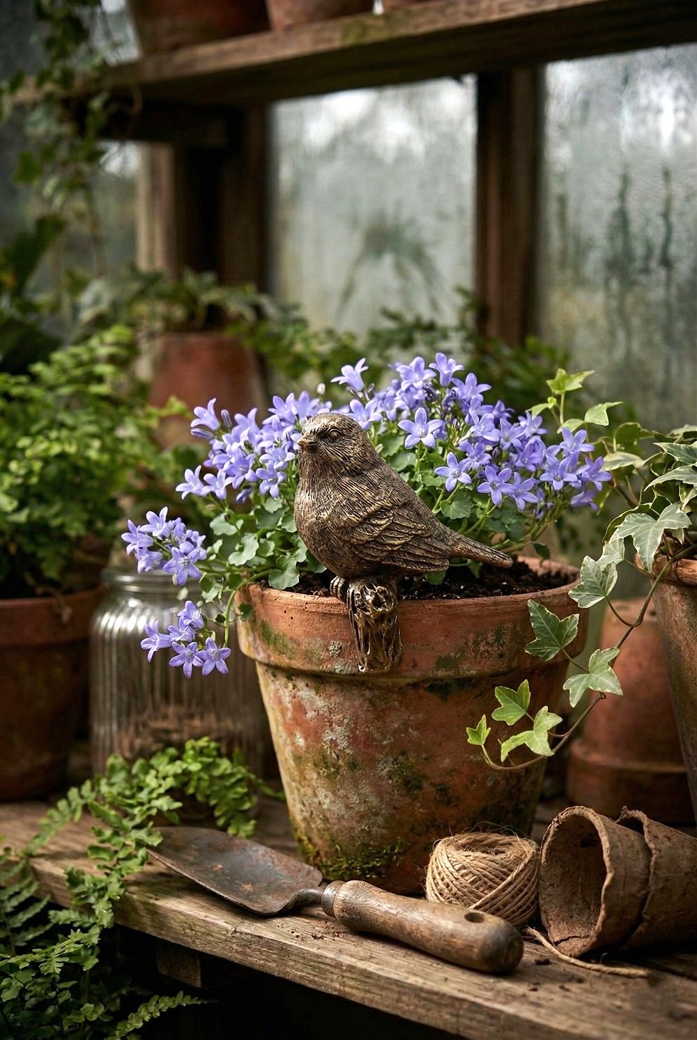 Oiseau décoratif perché doré style shabby chic posé sur rebord de vase ambiance romantique et décoration de charme